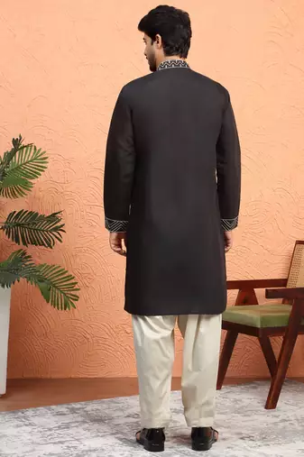 Cotton silk zari work placement embroidered black mandarin collar kurta