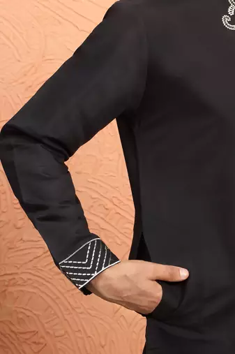Cotton silk zari work placement embroidered black mandarin collar kurta