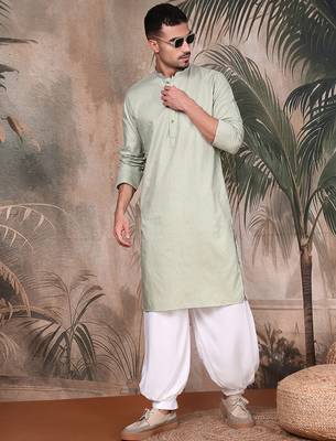 Green cotton textured kurta pajama for mens 2
