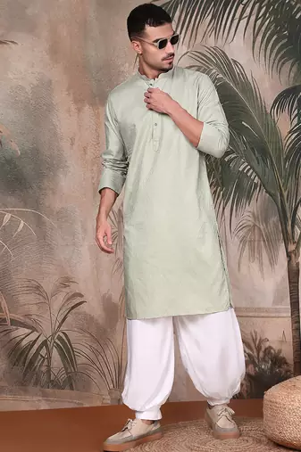 Green cotton textured kurta pajama for mens