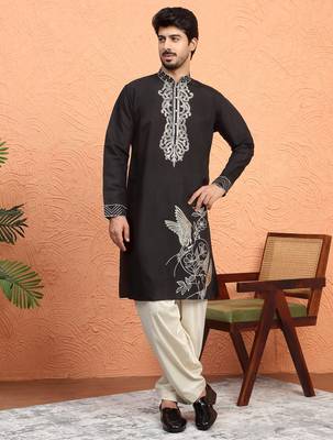 Cotton silk zari work placement embroidered black mandarin collar kurta 5