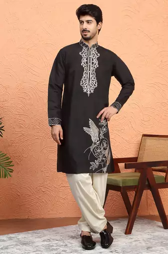 Cotton silk zari work placement embroidered black mandarin collar kurta