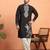 Cotton silk zari work placement embroidered black mandarin collar kurta
