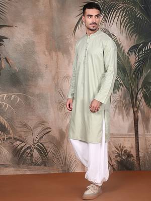 Green cotton textured kurta pajama for mens 3