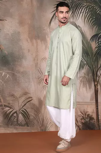 Green cotton textured kurta pajama for mens