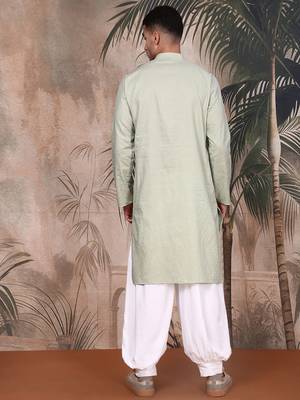 Green cotton textured kurta pajama for mens 4