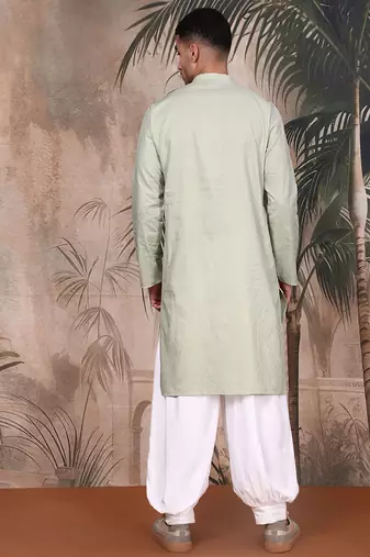Green cotton textured kurta pajama for mens
