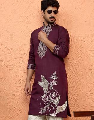 Cotton silk zari work placement embroidered purple mandarin collar kurta 1