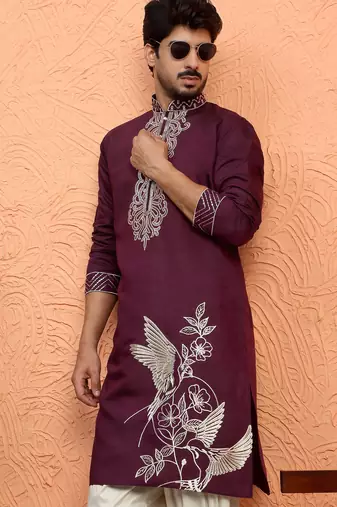 Cotton silk zari work placement embroidered purple mandarin collar kurta