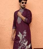 Cotton silk zari work placement embroidered purple mandarin collar kurta