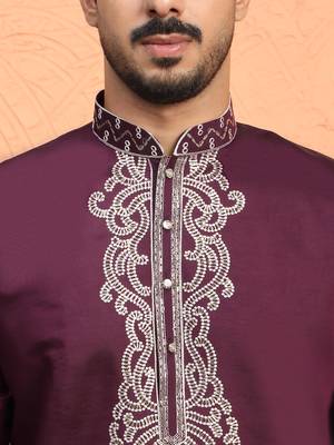 Cotton silk zari work placement embroidered purple mandarin collar kurta 2