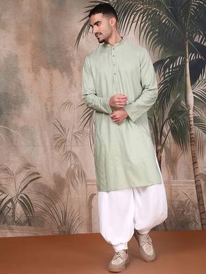 Green cotton textured kurta pajama for mens 5
