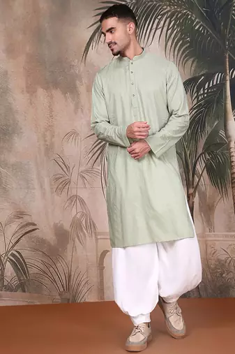 Green cotton textured kurta pajama for mens
