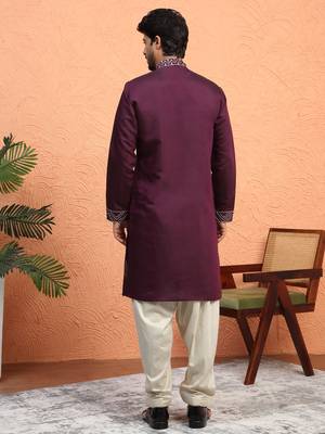 Cotton silk zari work placement embroidered purple mandarin collar kurta 3