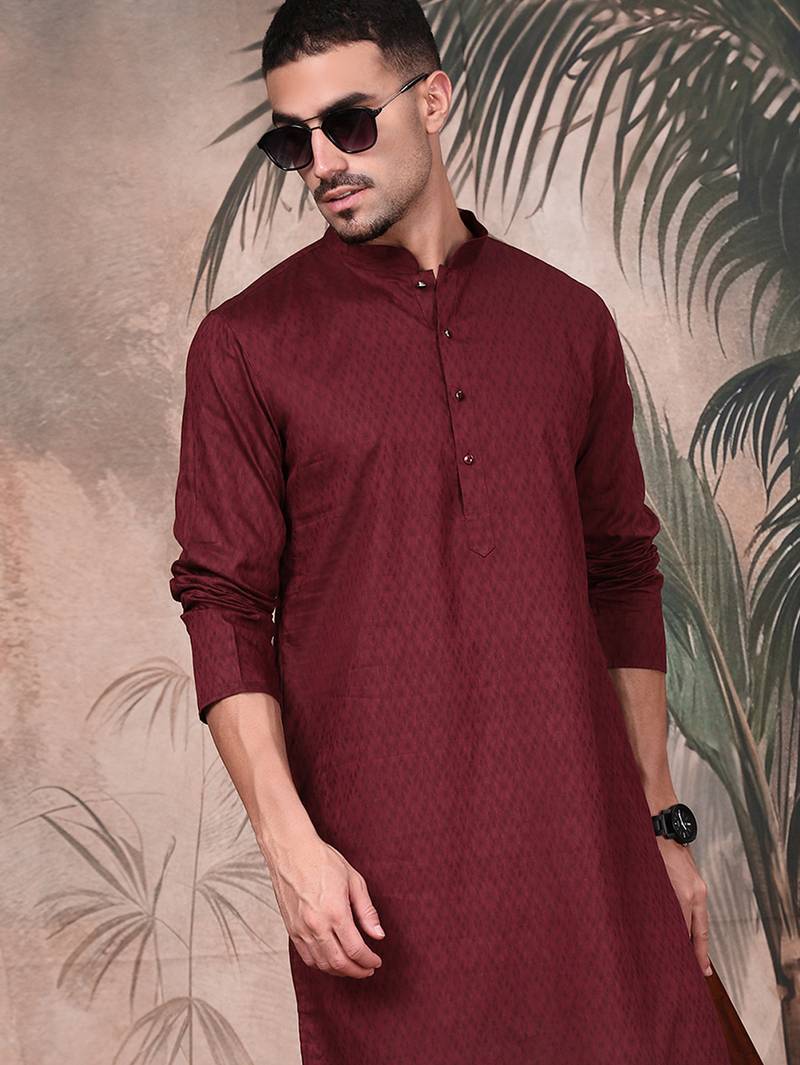 Wine cotton textured kurta pajama for mens