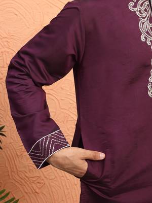 Cotton silk zari work placement embroidered purple mandarin collar kurta 4