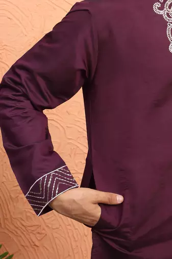 Cotton silk zari work placement embroidered purple mandarin collar kurta