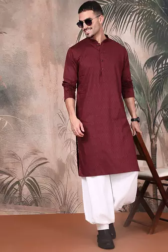 Wine cotton textured kurta pajama for mens