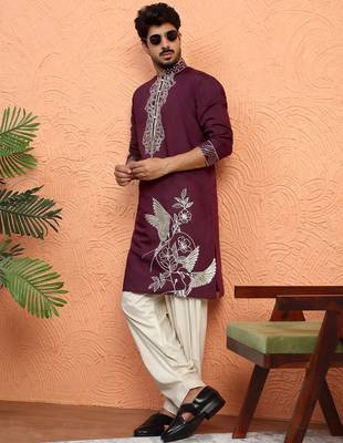 Cotton silk zari work placement embroidered purple mandarin collar kurta 5