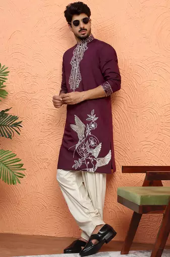 Cotton silk zari work placement embroidered purple mandarin collar kurta