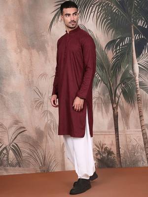 Wine cotton textured kurta pajama for mens 3