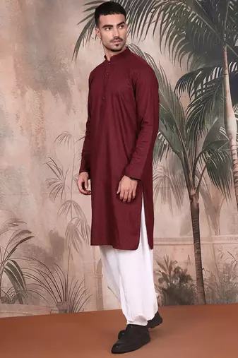 Wine cotton textured kurta pajama for mens