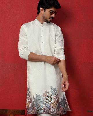 Cotton silk siroski work daman embroidered cream mandarin collar kurta 1