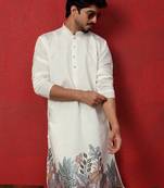 Cotton silk siroski work daman embroidered cream mandarin collar kurta