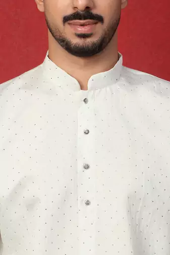 Cotton silk siroski work daman embroidered cream mandarin collar kurta