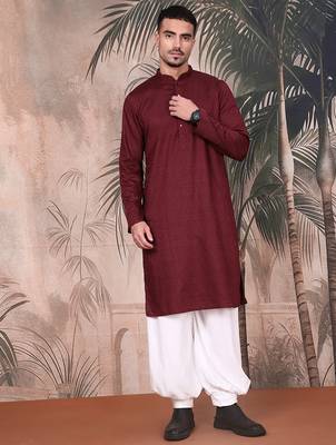 Wine cotton textured kurta pajama for mens 5