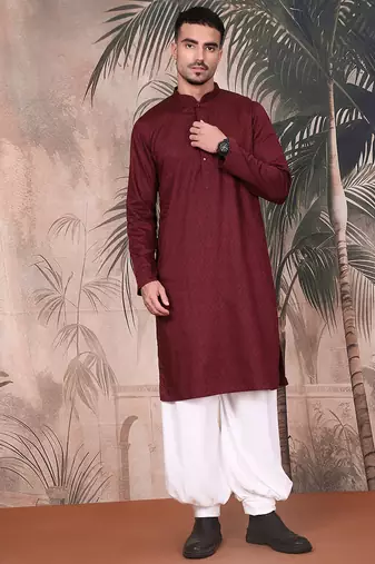 Wine cotton textured kurta pajama for mens