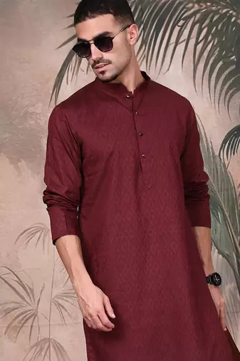 Wine cotton textured kurta pajama for mens