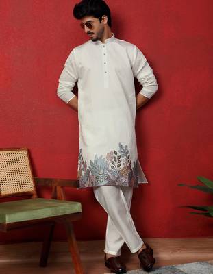 Cotton silk siroski work daman embroidered cream mandarin collar kurta 5