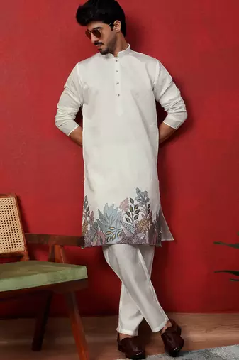 Cotton silk siroski work daman embroidered cream mandarin collar kurta