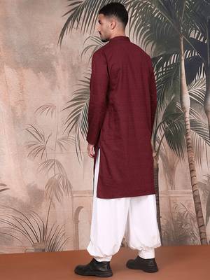 Wine cotton textured kurta pajama for mens 4