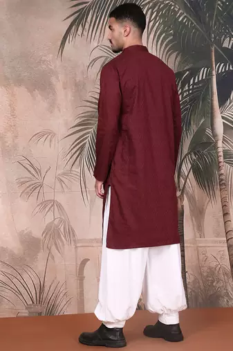 Wine cotton textured kurta pajama for mens