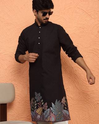 Cotton silk siroski work daman embroidered black mandarin collar kurta 1