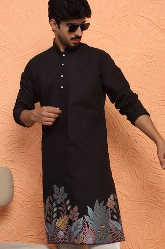 Cotton silk siroski work daman embroidered black mandarin collar kurta