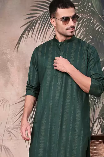 Deep green cotton textured kurta pajama for mens