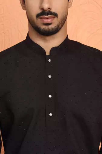 Cotton silk siroski work daman embroidered black mandarin collar kurta