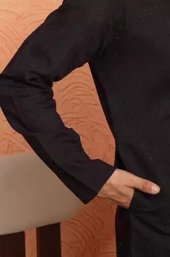 Cotton silk siroski work daman embroidered black mandarin collar kurta