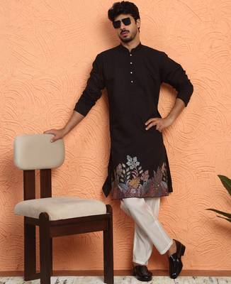 Cotton silk siroski work daman embroidered black mandarin collar kurta 5