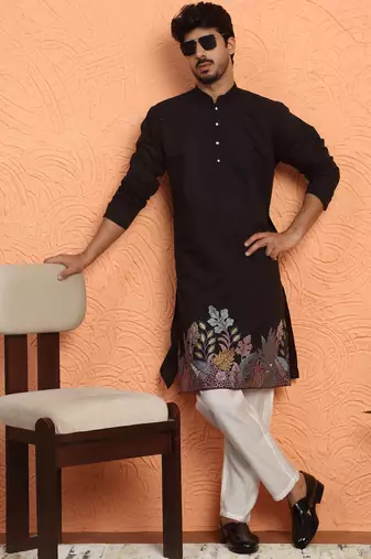 Cotton silk siroski work daman embroidered black mandarin collar kurta