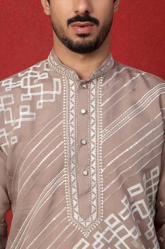 Cotton silk geometric sequence embroidered beige mandarin collar kurta