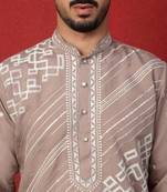 Cotton silk geometric sequence embroidered beige mandarin collar kurta