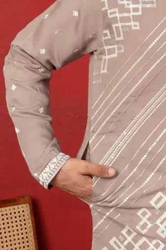 Cotton silk geometric sequence embroidered beige mandarin collar kurta
