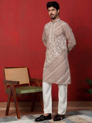 Cotton silk geometric sequence embroidered beige mandarin collar kurta 5
