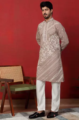 Cotton silk geometric sequence embroidered beige mandarin collar kurta