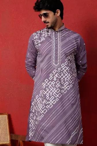 Cotton silk geometric sequence embroidered purple mandarin collar kurta