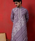 Cotton silk geometric sequence embroidered purple mandarin collar kurta